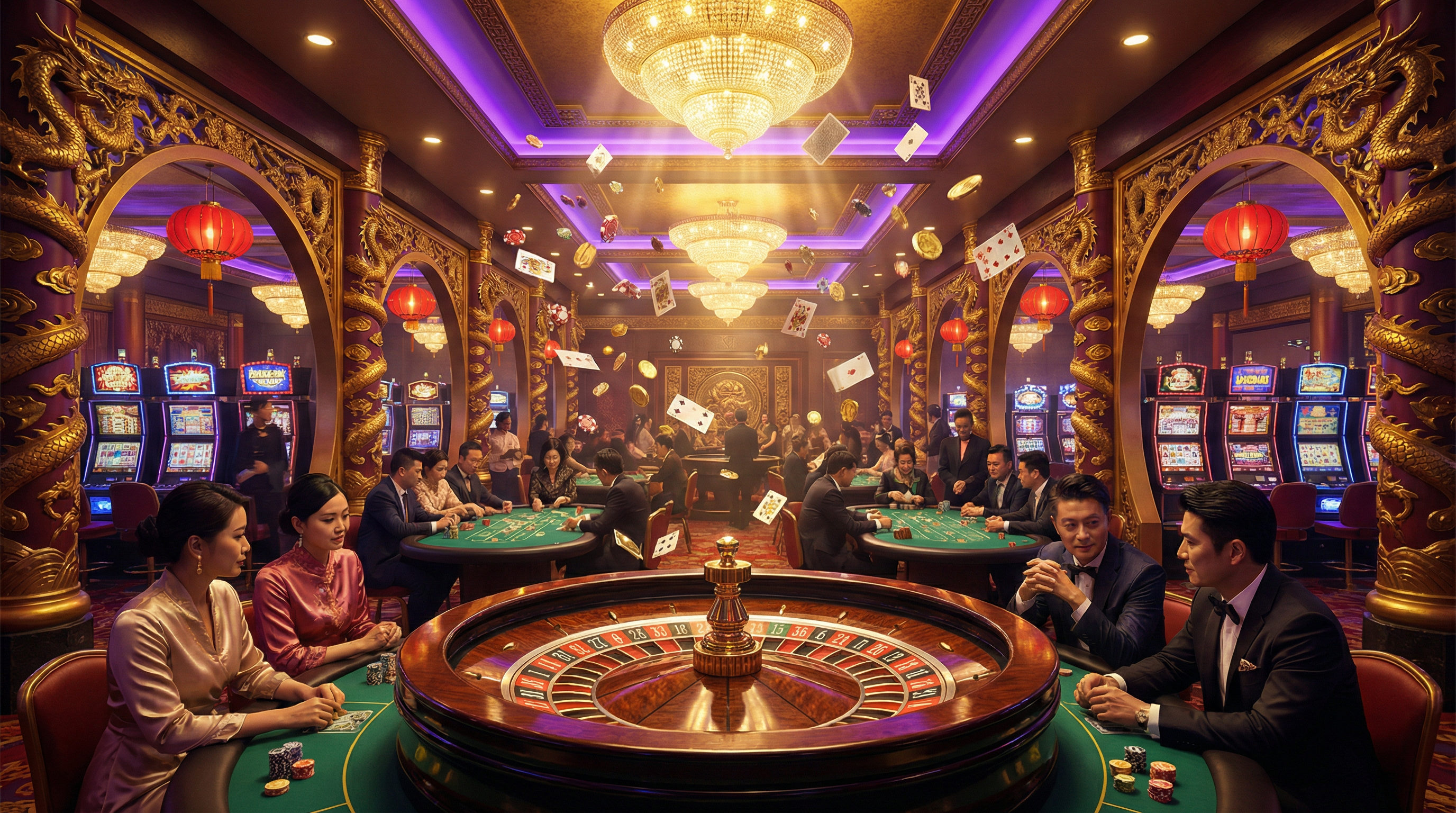 巅峰国际豪华博彩大厅展示,包含轮盘、扑克桌和老虎机